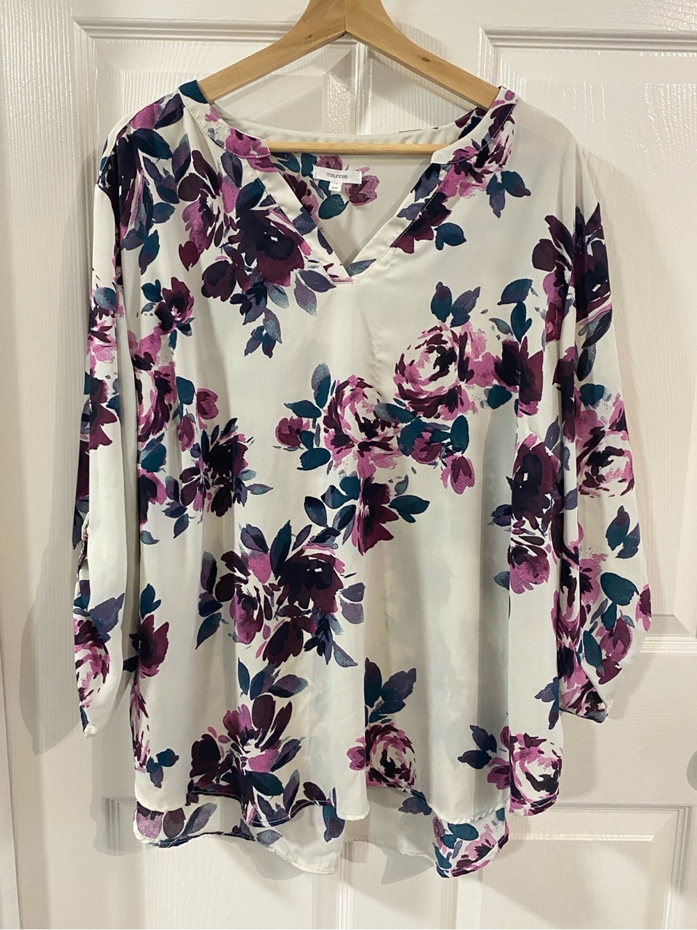 Maurices Cream V-Neck Roll-Tab Sleeve Floral Blouse Plus Size Feminine Classy